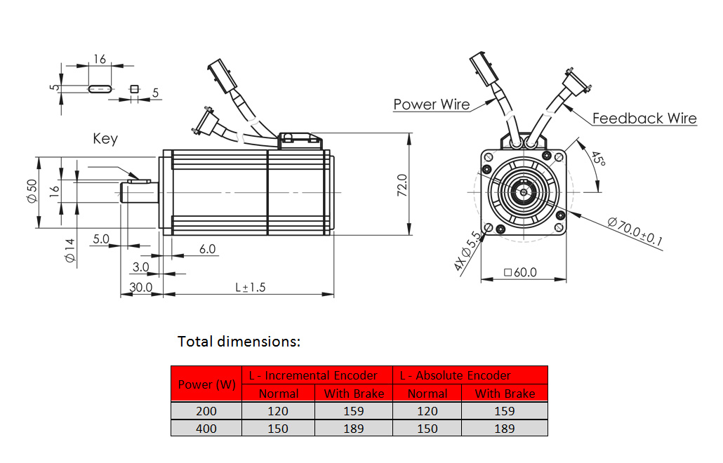 servo motor Product dimension drawing - frame 60mm